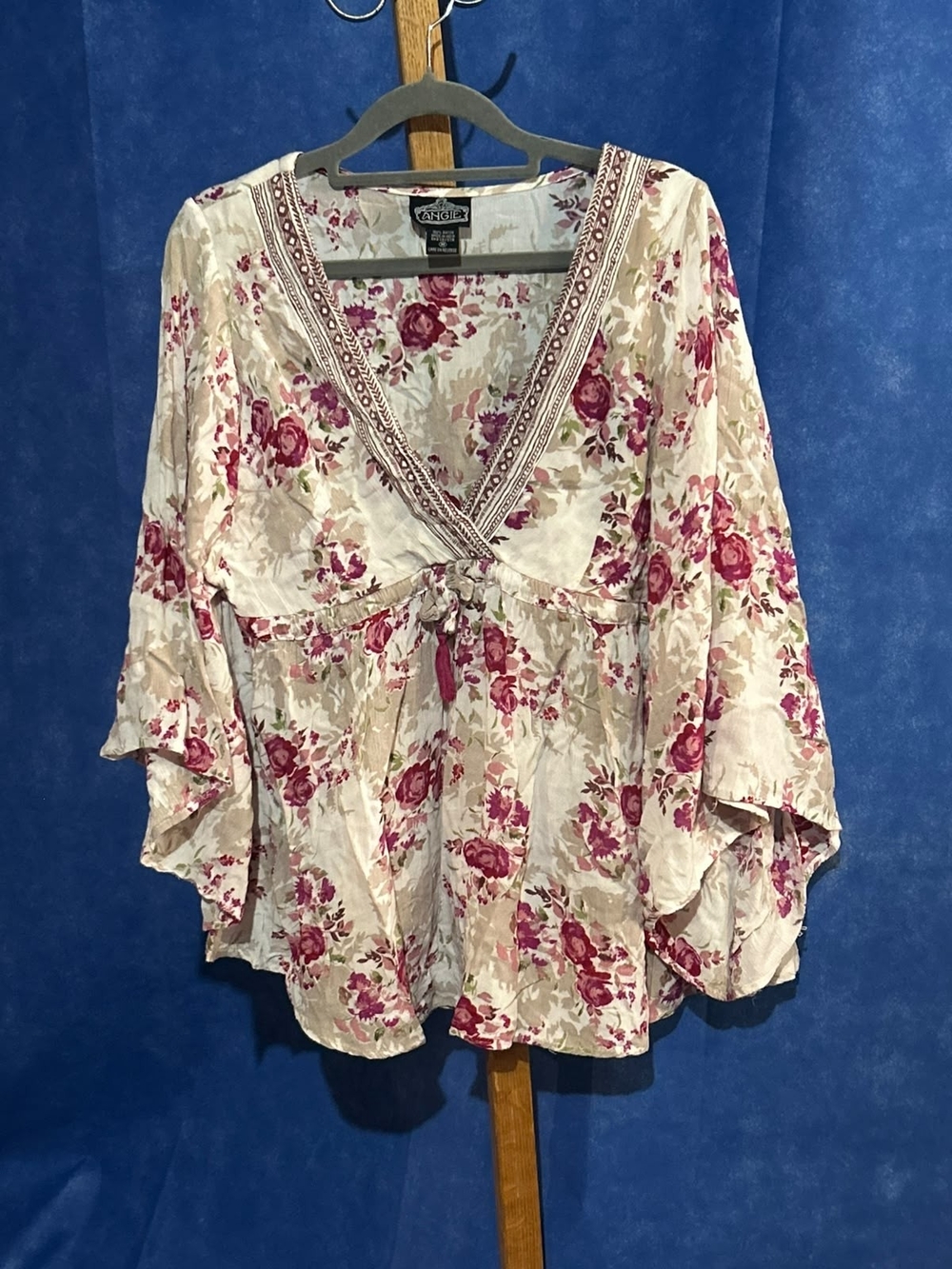 Angie Cream Floral Tie-Front Tunic with Pink Roses